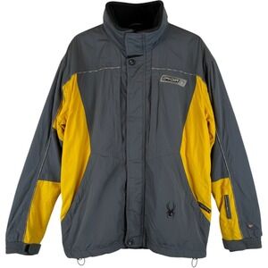Spyder Mens Ski Jacket Grey Yellow Colorblock Full Zip Hooded Winter Coat L